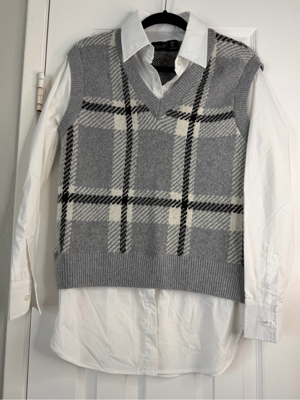 Rachel Zoe Gray and White Plaid V-Neck Sweater Vest